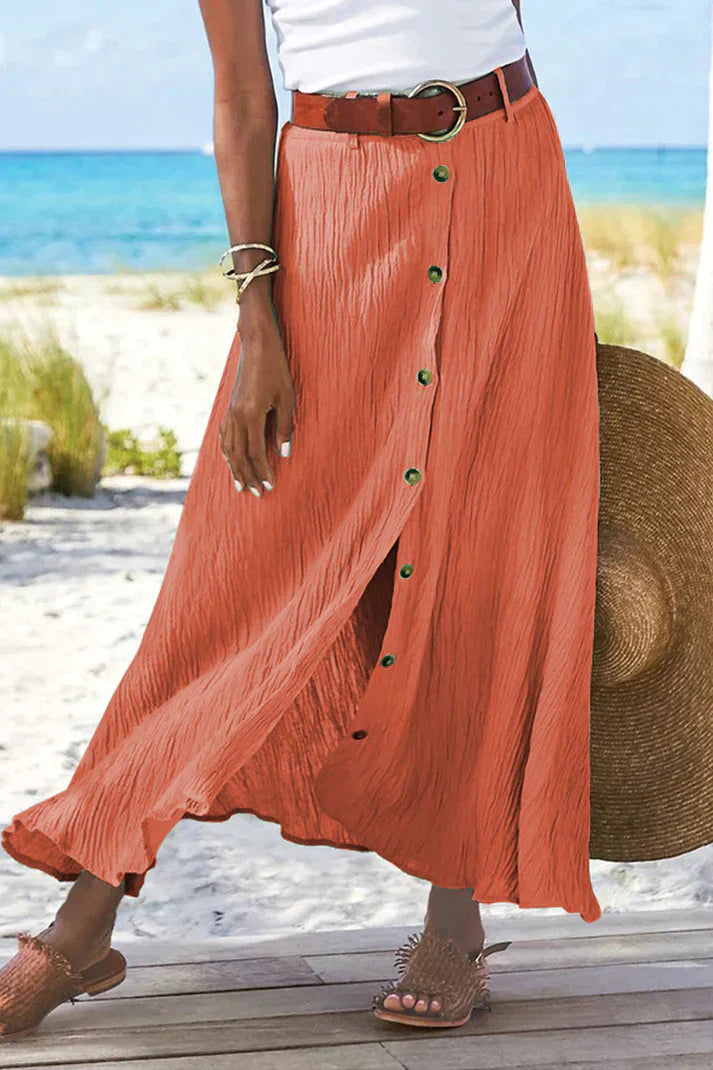 Mandarin red high-waist button-front maxi skirt
