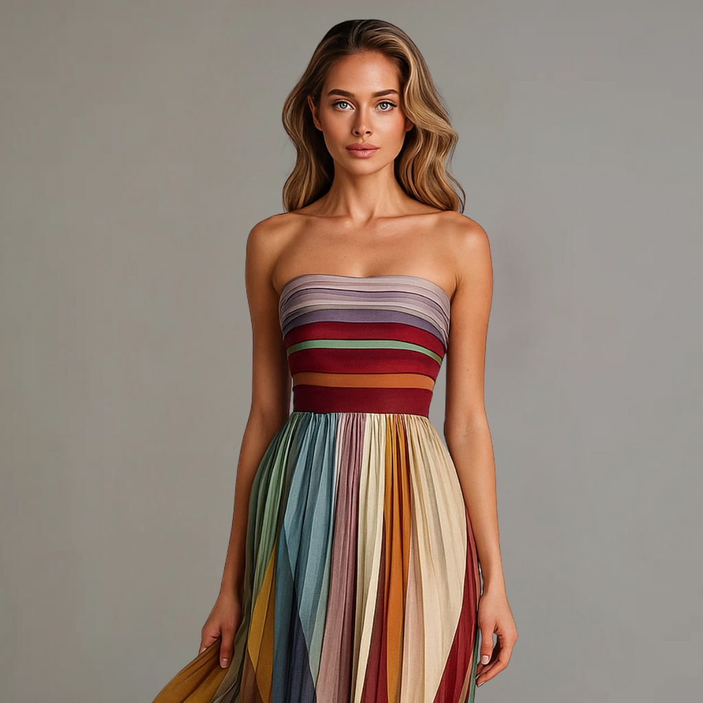 colorful pleated maxi dress detail