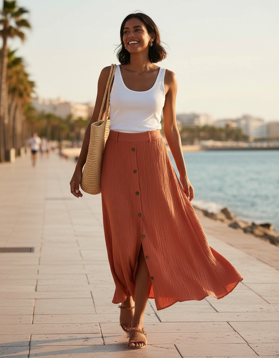 Woman walking on a sunny coastal promenade wearing the high-waist button-front crinkle linen-look maxi skirt